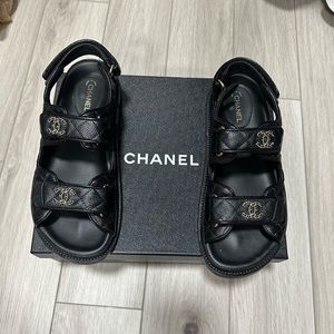 Chanel Dad Sandals - black leather with gold hardware